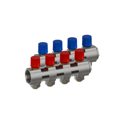 Brass underfloor heating manifold with integrated valves